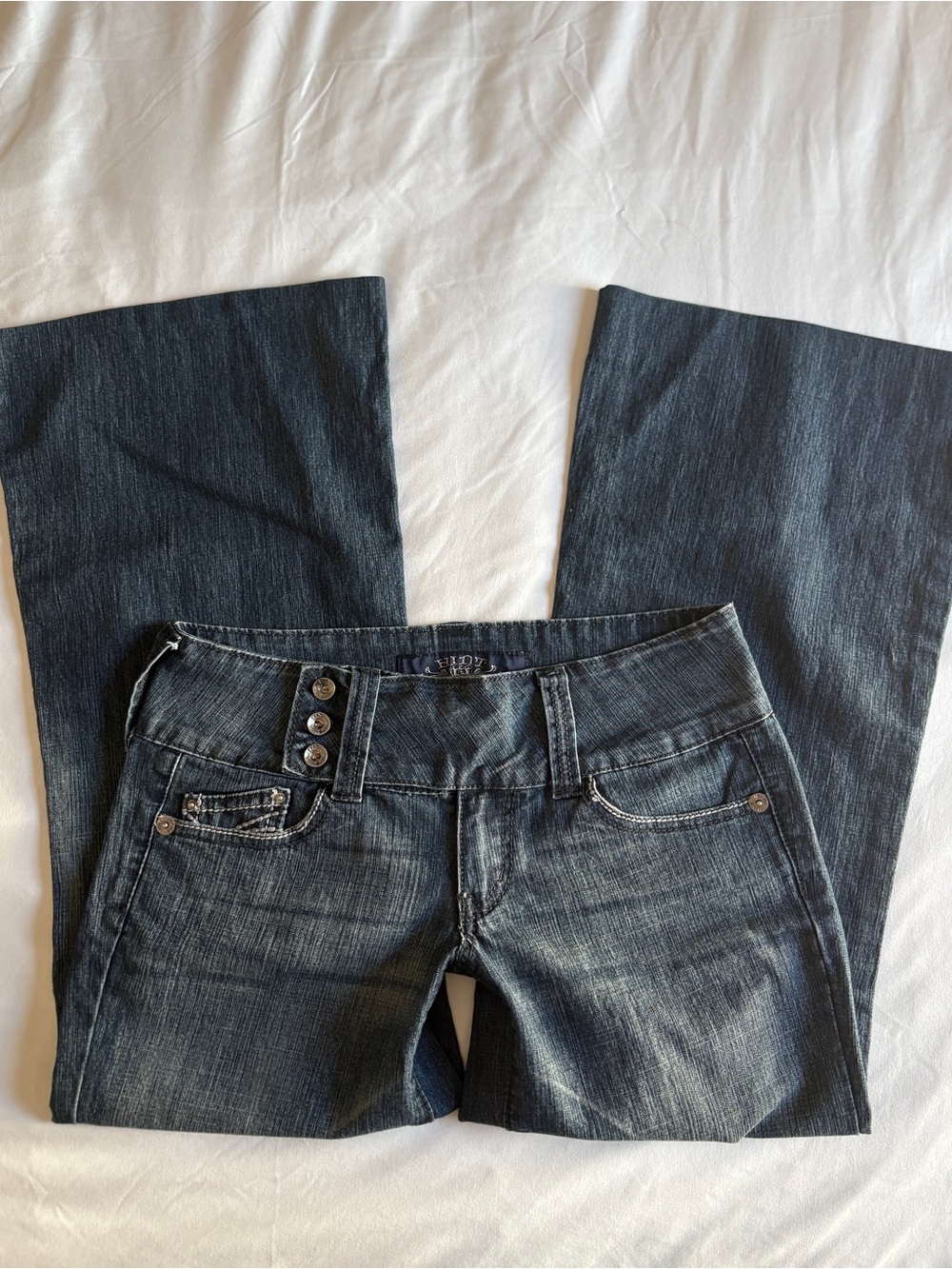 Hint Jeans Dark Wash Flare Capri Y2K Low Rise Button Wide Leg Denim Grunge Indie